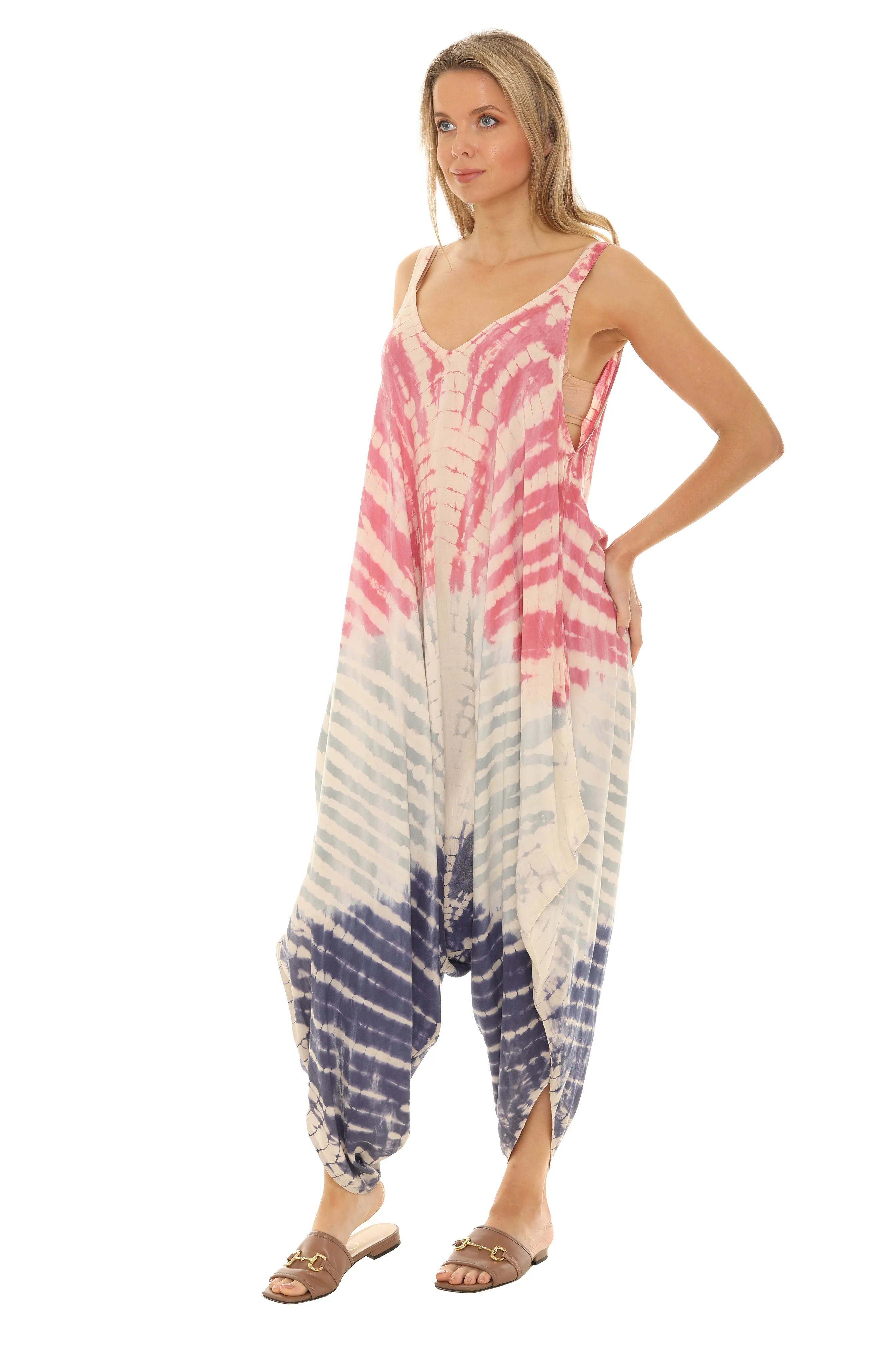 Tri-color Tie Dye Sleeveless Women Harem Jumpsuit