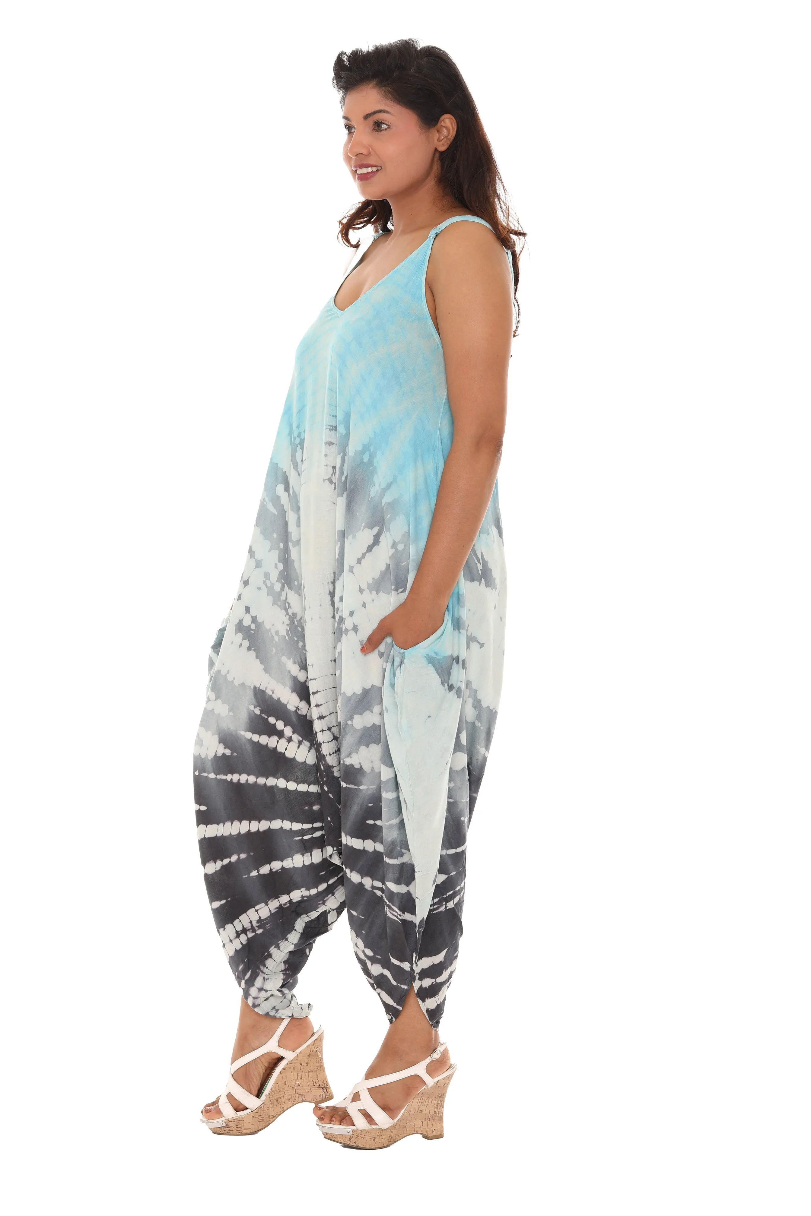 Tri-color Tie Dye Sleeveless Women Harem Jumpsuit