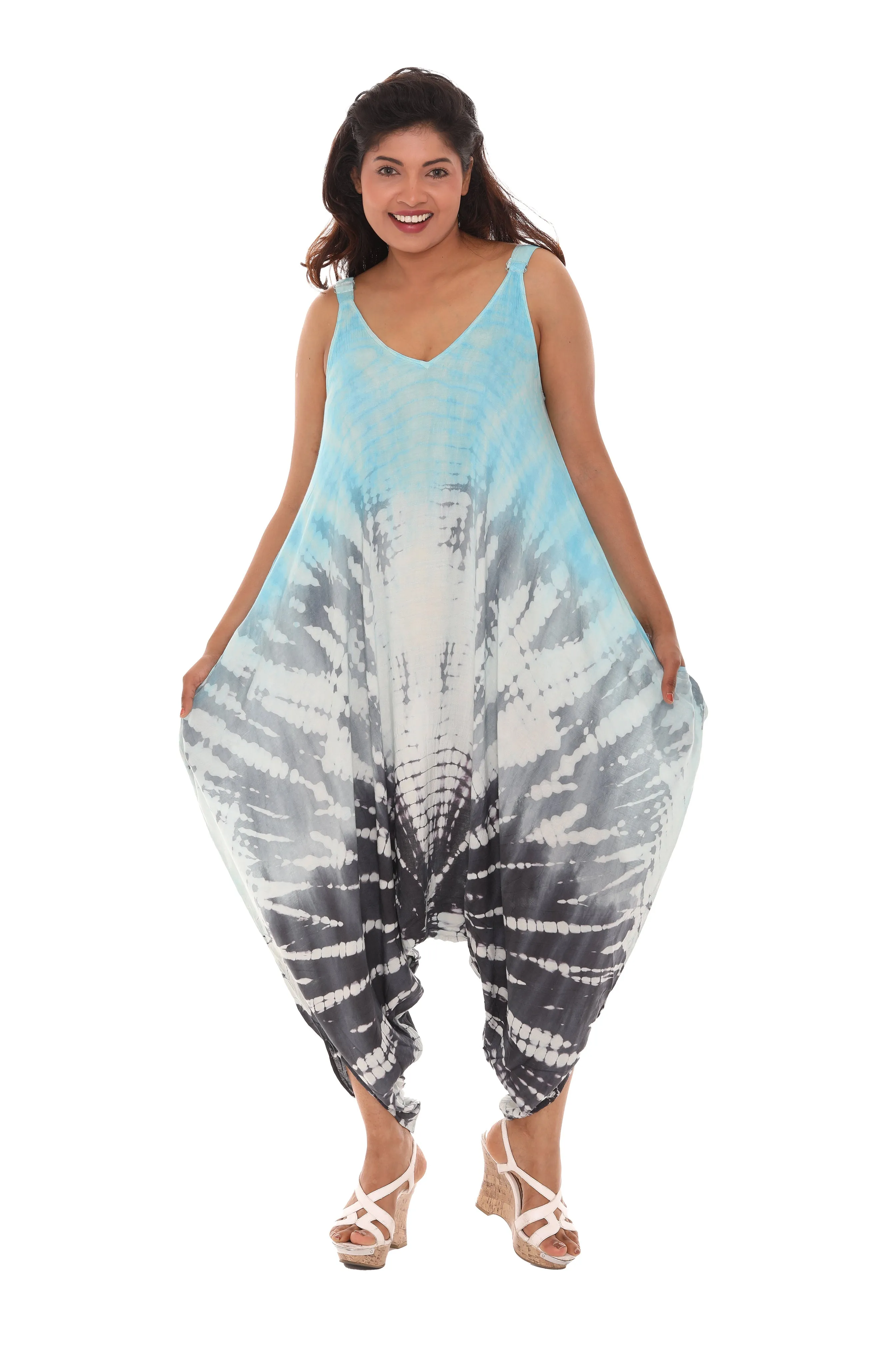 Tri-color Tie Dye Sleeveless Women Harem Jumpsuit