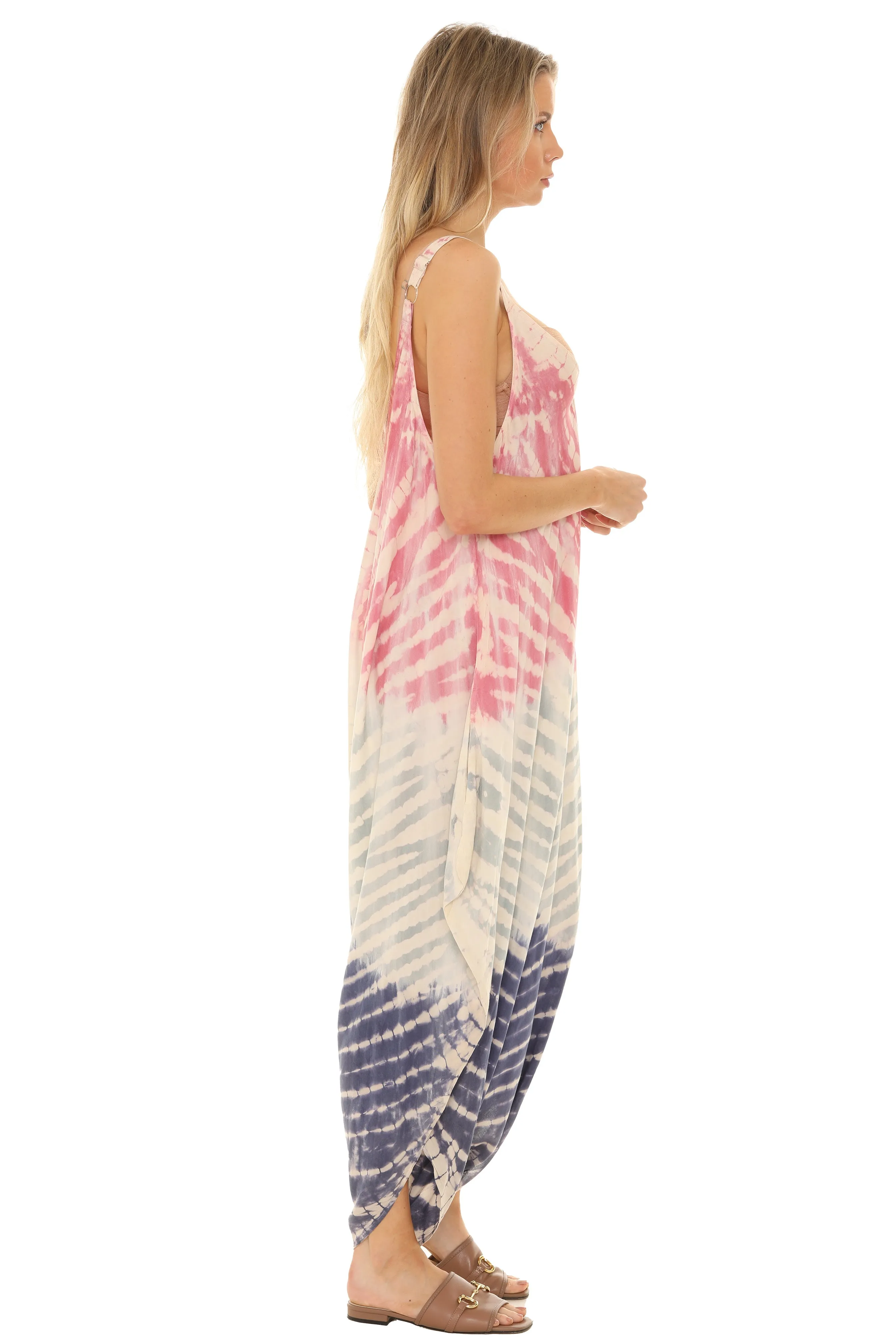 Tri-color Tie Dye Sleeveless Women Harem Jumpsuit