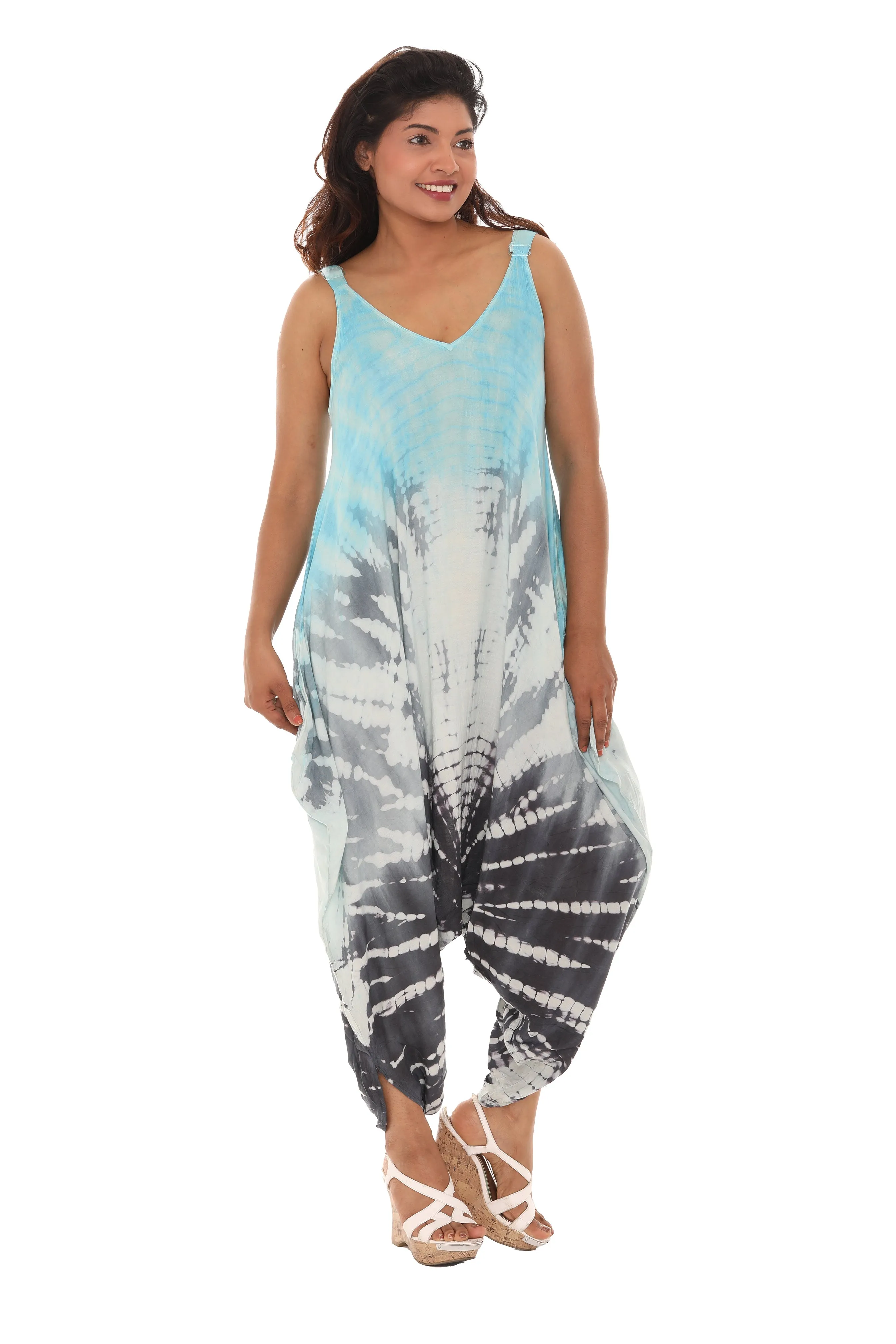 Tri-color Tie Dye Sleeveless Women Harem Jumpsuit