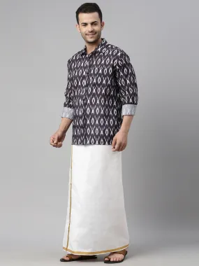 VASTRAMAY Men's Black Ikkat Print Shirt And Mundu Set