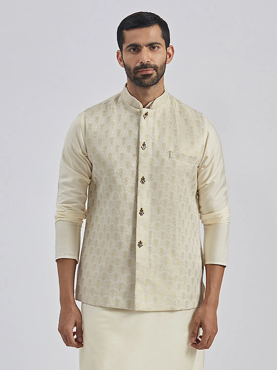VASTRAMAY Men's Gold Viscose Nehru Jacket