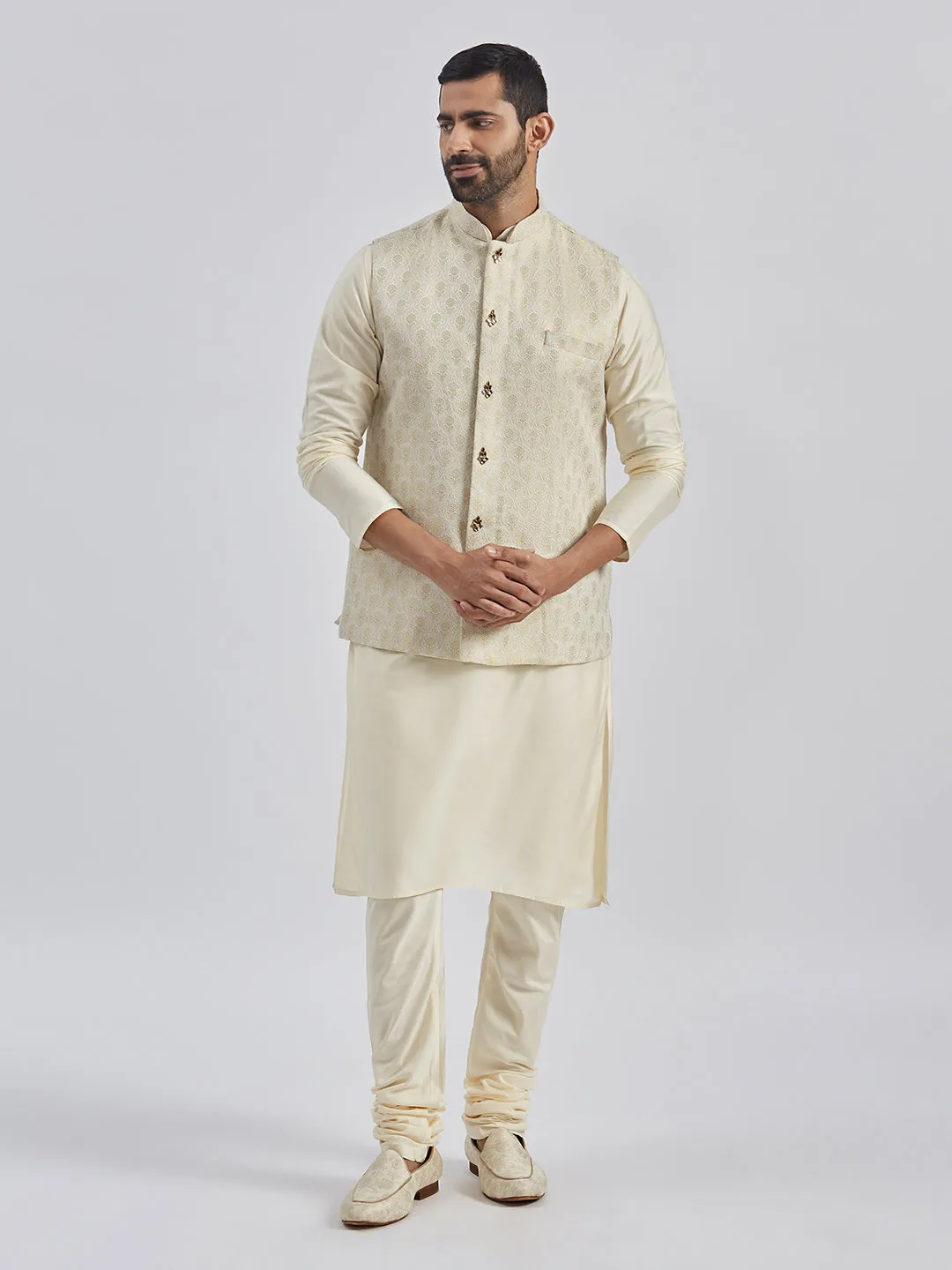 VASTRAMAY Men's Gold Viscose Nehru Jacket