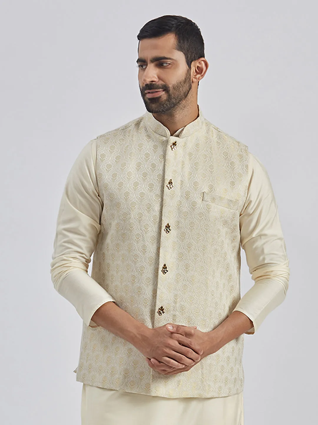 VASTRAMAY Men's Gold Viscose Nehru Jacket