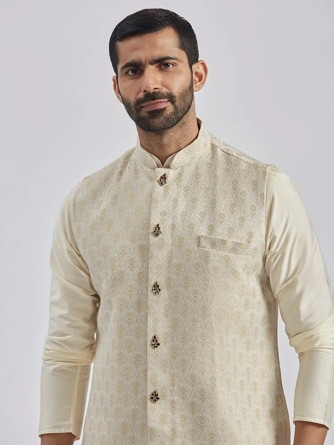 VASTRAMAY Men's Gold Viscose Nehru Jacket