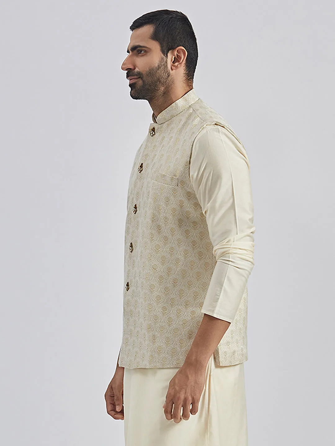VASTRAMAY Men's Gold Viscose Nehru Jacket
