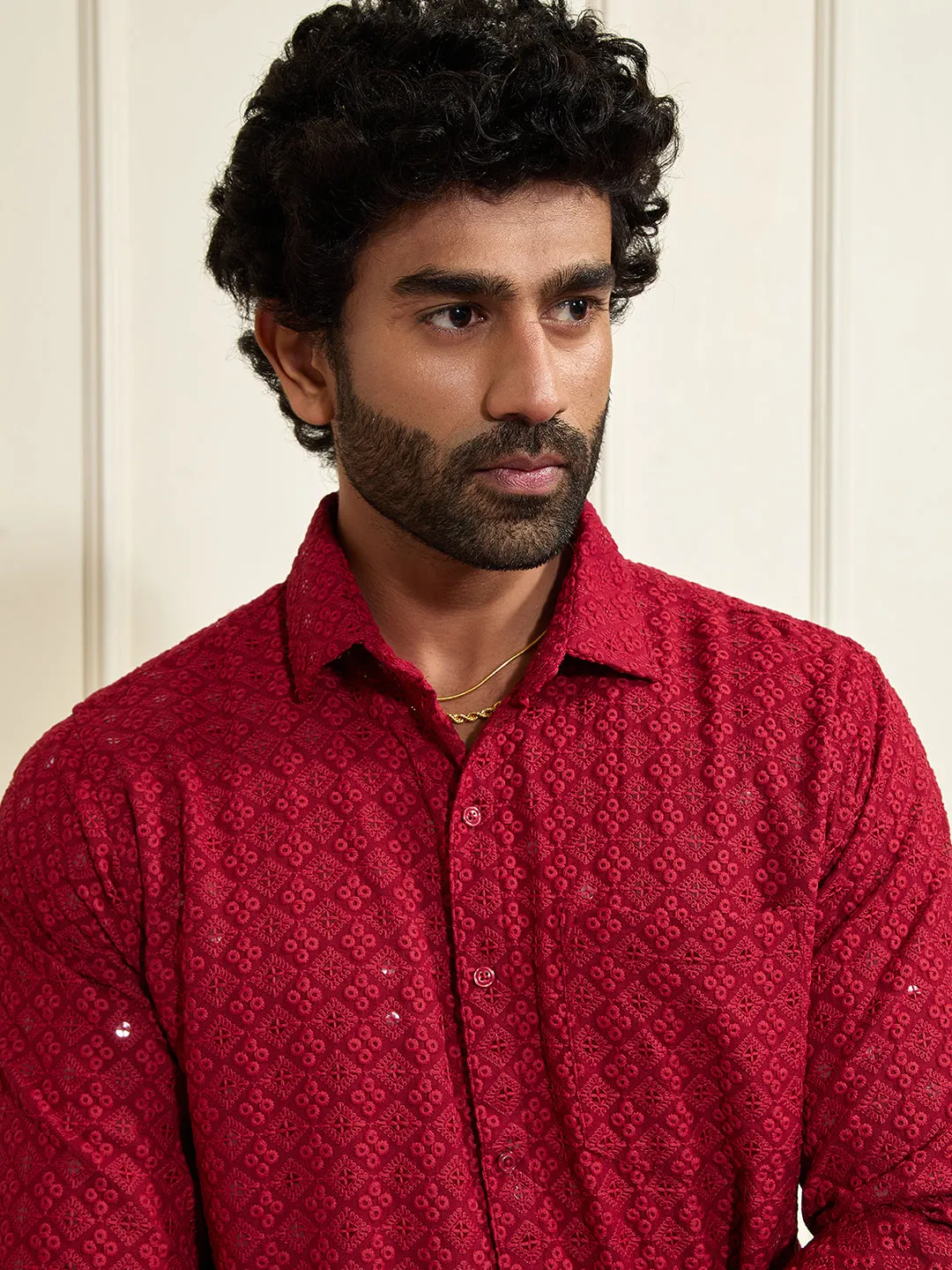 VASTRAMAY Men's Maroon Rayon Ethnic Shirt And Mundu Set