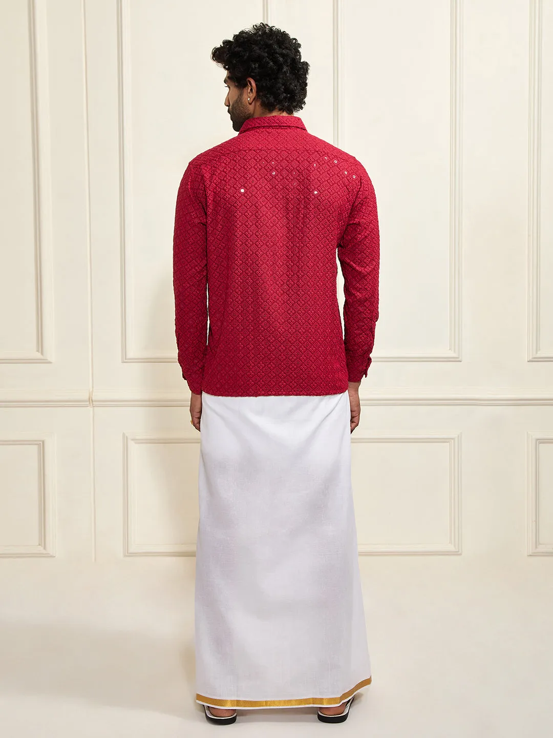 VASTRAMAY Men's Maroon Rayon Ethnic Shirt And Mundu Set
