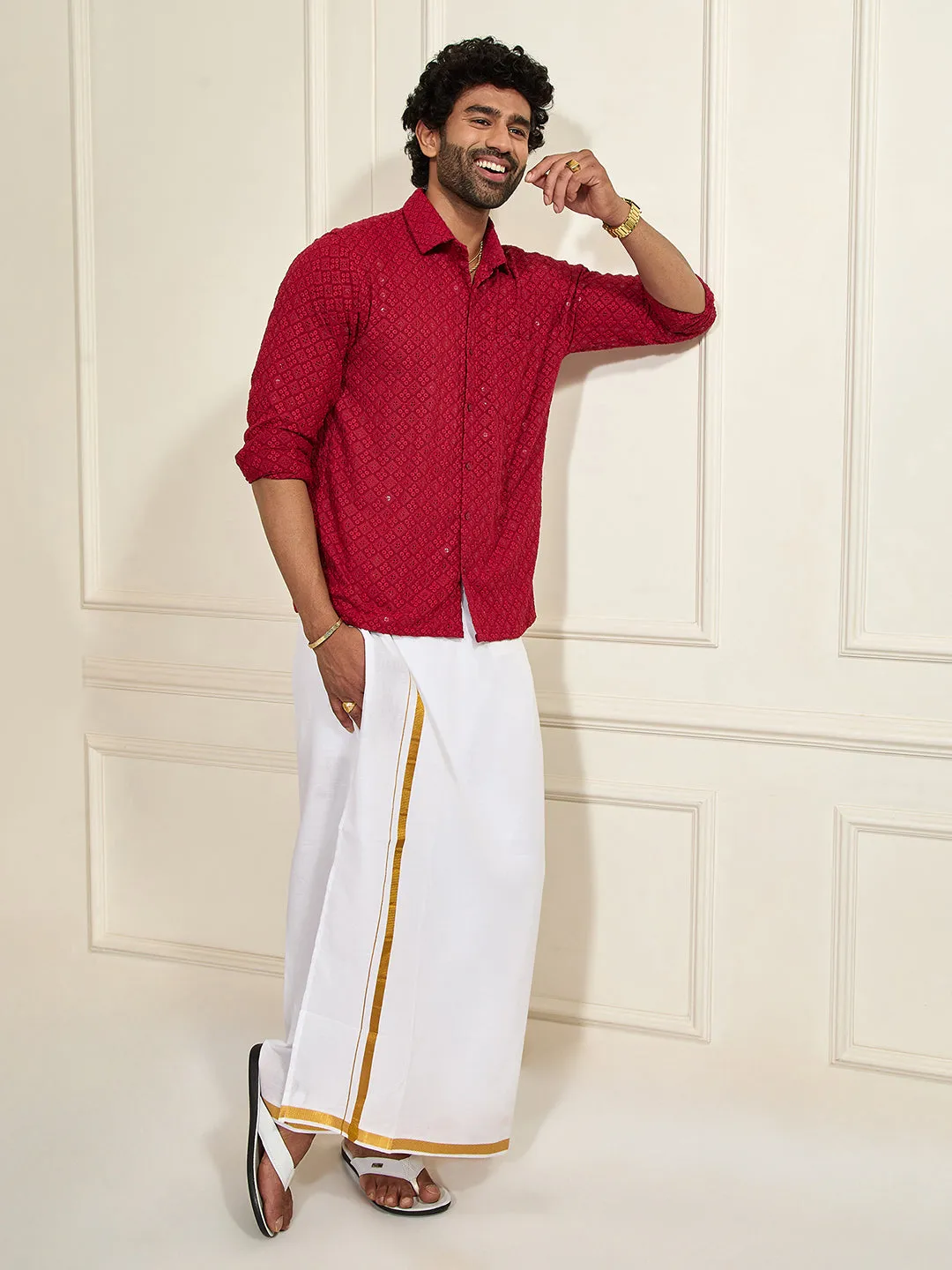 VASTRAMAY Men's Maroon Rayon Ethnic Shirt And Mundu Set