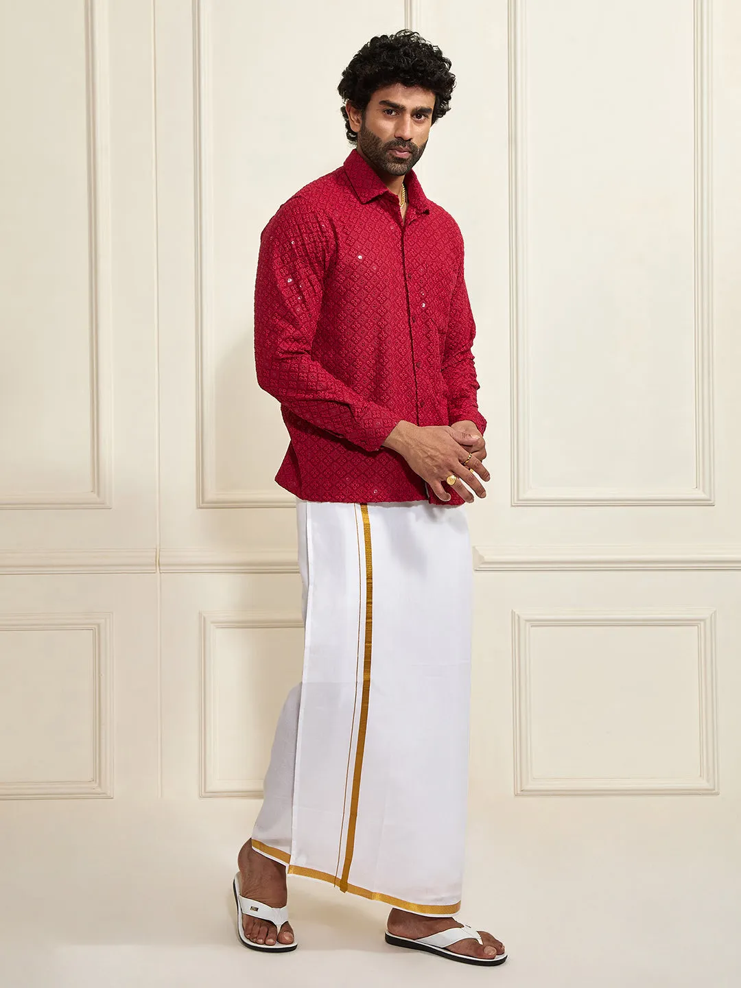 VASTRAMAY Men's Maroon Rayon Ethnic Shirt And Mundu Set
