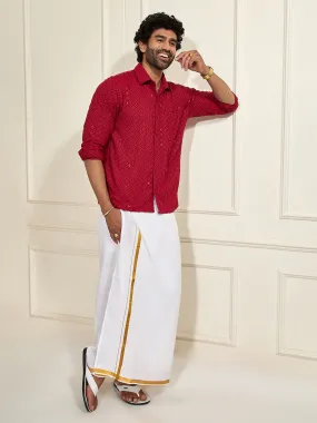 VASTRAMAY Men's Maroon Rayon Ethnic Shirt And Mundu Set