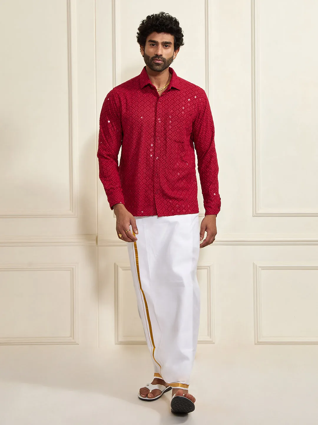 VASTRAMAY Men's Maroon Rayon Ethnic Shirt And Mundu Set