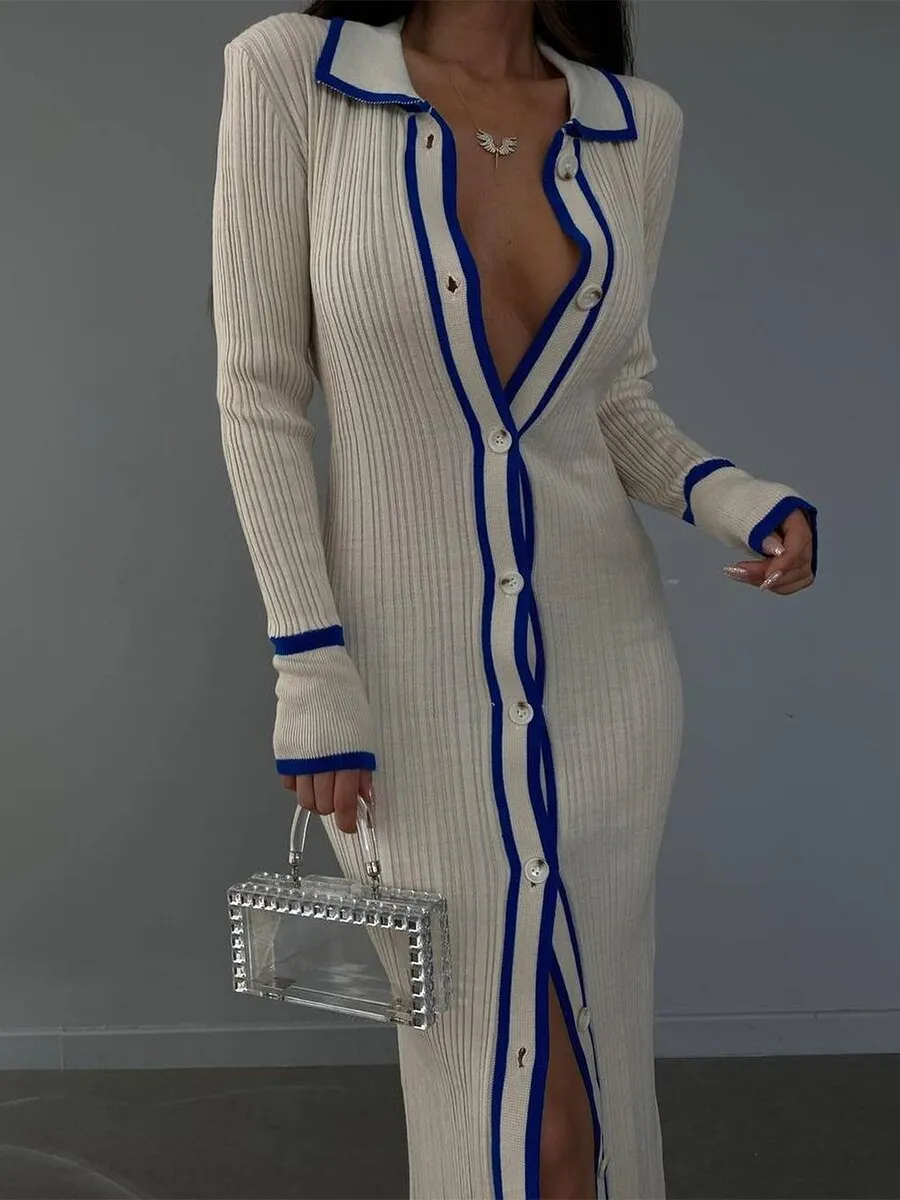 Women Long Sleeve Knit Button Down Bodycon Sweater Dress