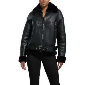 Womens Black B3 Shearling Aviator Leather Jacket