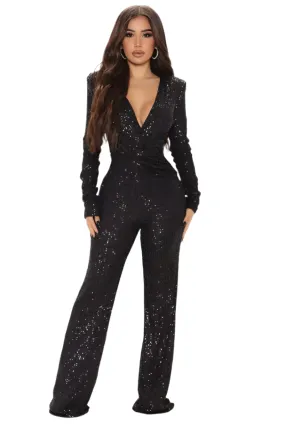 Women’s Fashion Sequin Jumpsuit - Long Sleeve Draped V-Neck Romper for Autumn & Winter, Celebrity Evening Party Clubwear