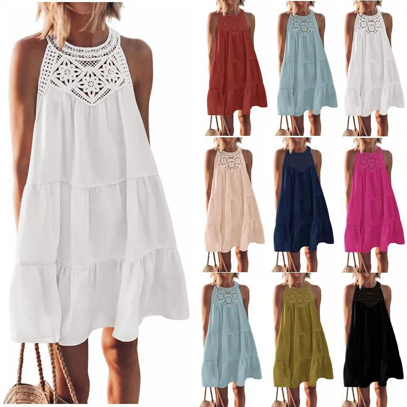 Women’s Halterneck Loose Fit Sleeveless Summer Dress with Lace in 8 Colors S-XXL