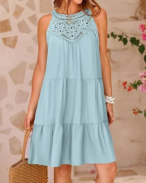 Women’s Halterneck Loose Fit Sleeveless Summer Dress with Lace in 8 Colors S-XXL