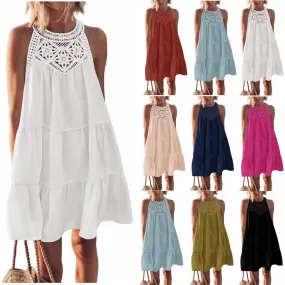 Women’s Halterneck Loose Fit Sleeveless Summer Dress with Lace in 8 Colors S-XXL