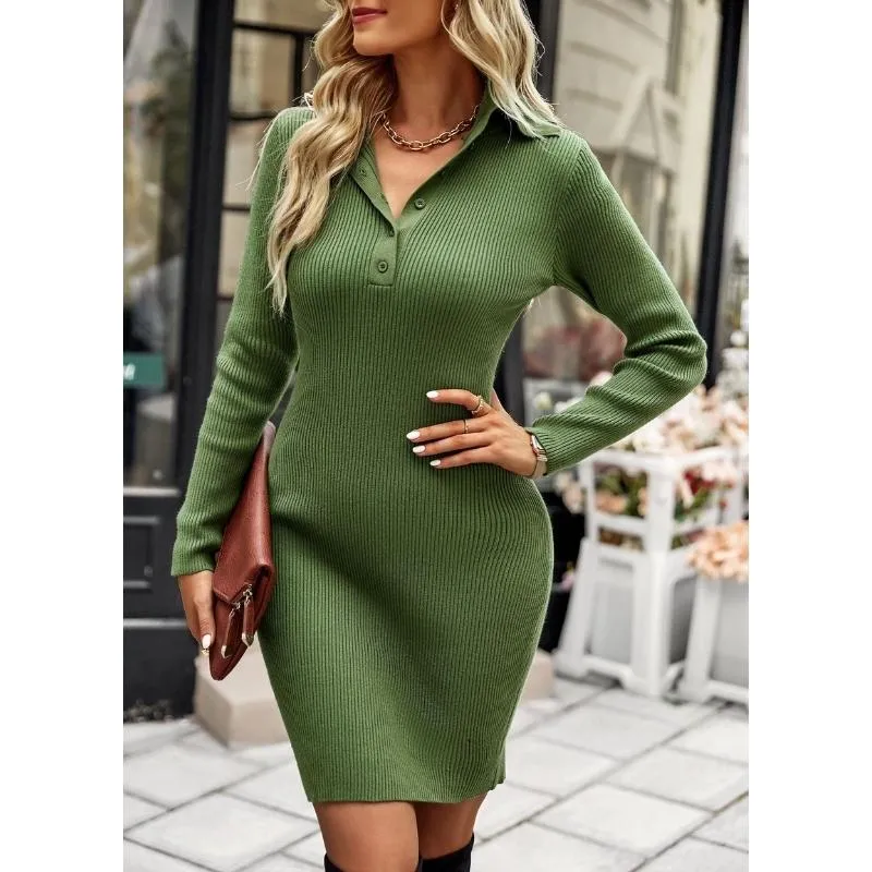 Women's Long Sleeve Lapel Neckline Sheath Knit Sweater Dresses