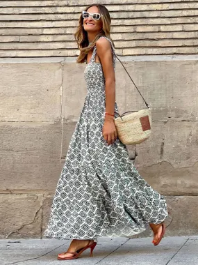 Women's Sleeveless Printed Maxi Dress with Ruffled Shoulder Straps