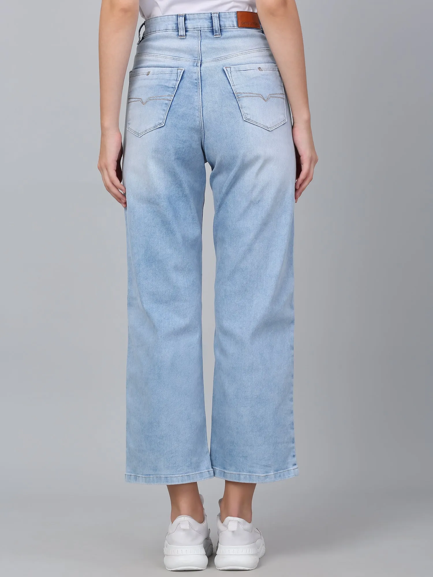 Women's Solid Light Blue Stretchable Wide Leg Jeans