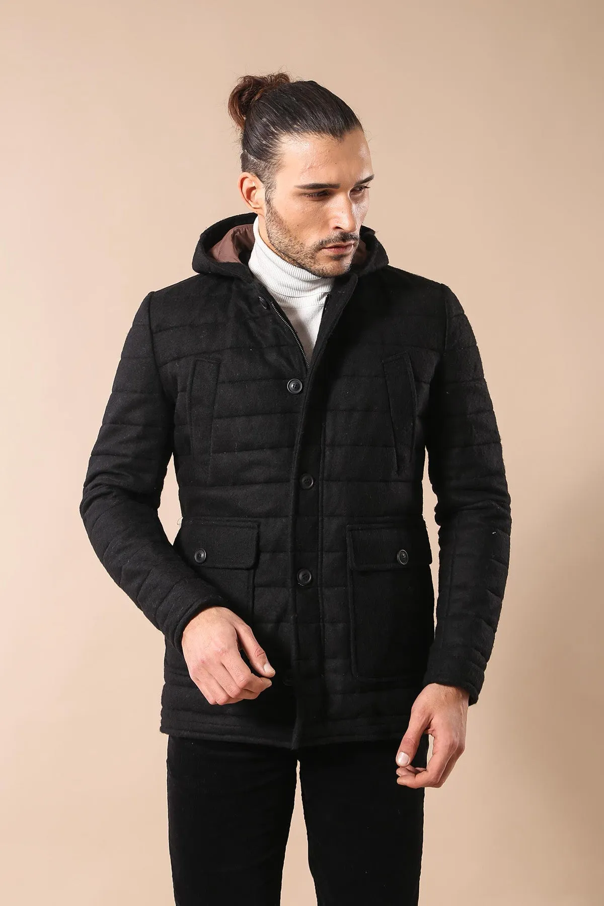 WSS Bag Pocket Felt Hooded 4 Pocket Black Coat- - Ciudad Manuel Doblado