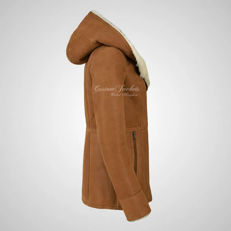 YAREN Ladies Tan Sheepskin Hooded Coat Shearling Fur Jacket
