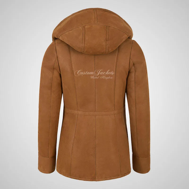 YAREN Ladies Tan Sheepskin Hooded Coat Shearling Fur Jacket