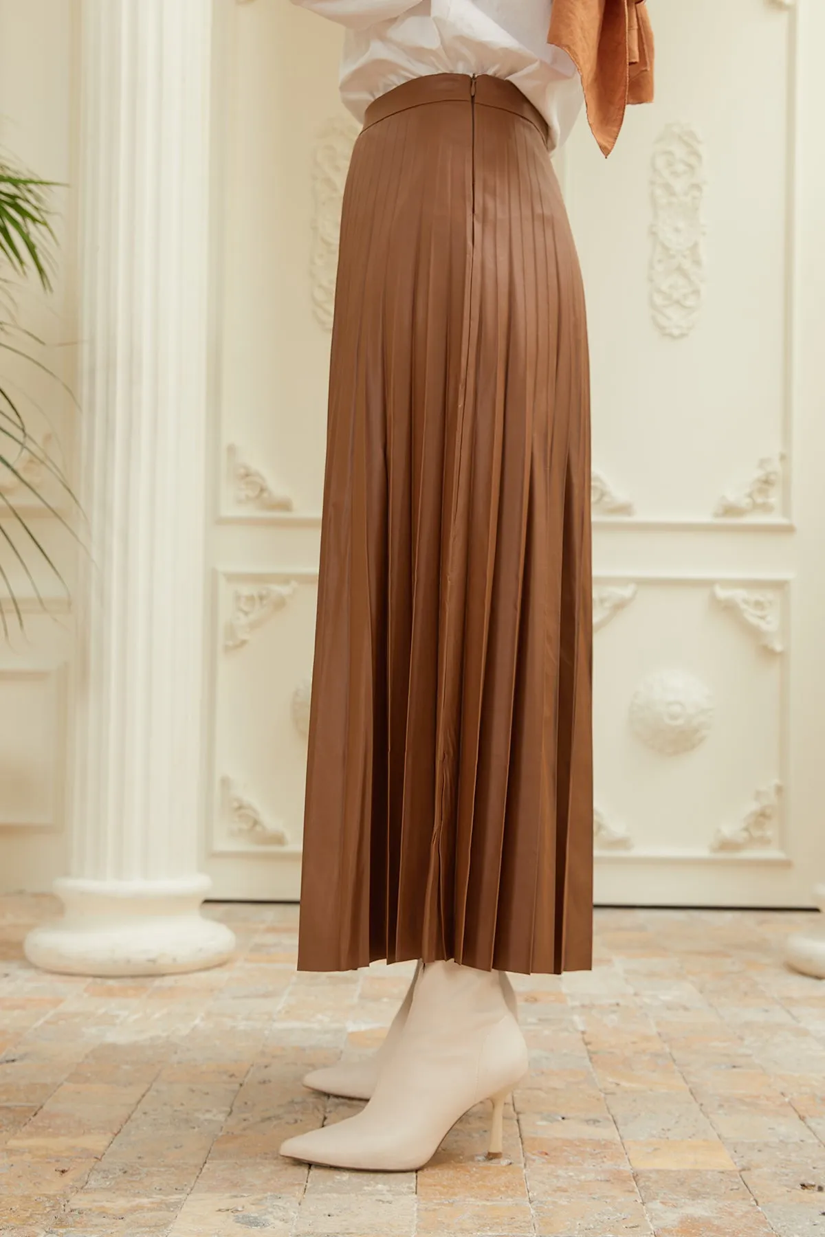 ZRF Women Pleated Leather Skirt - Brown - Brampton