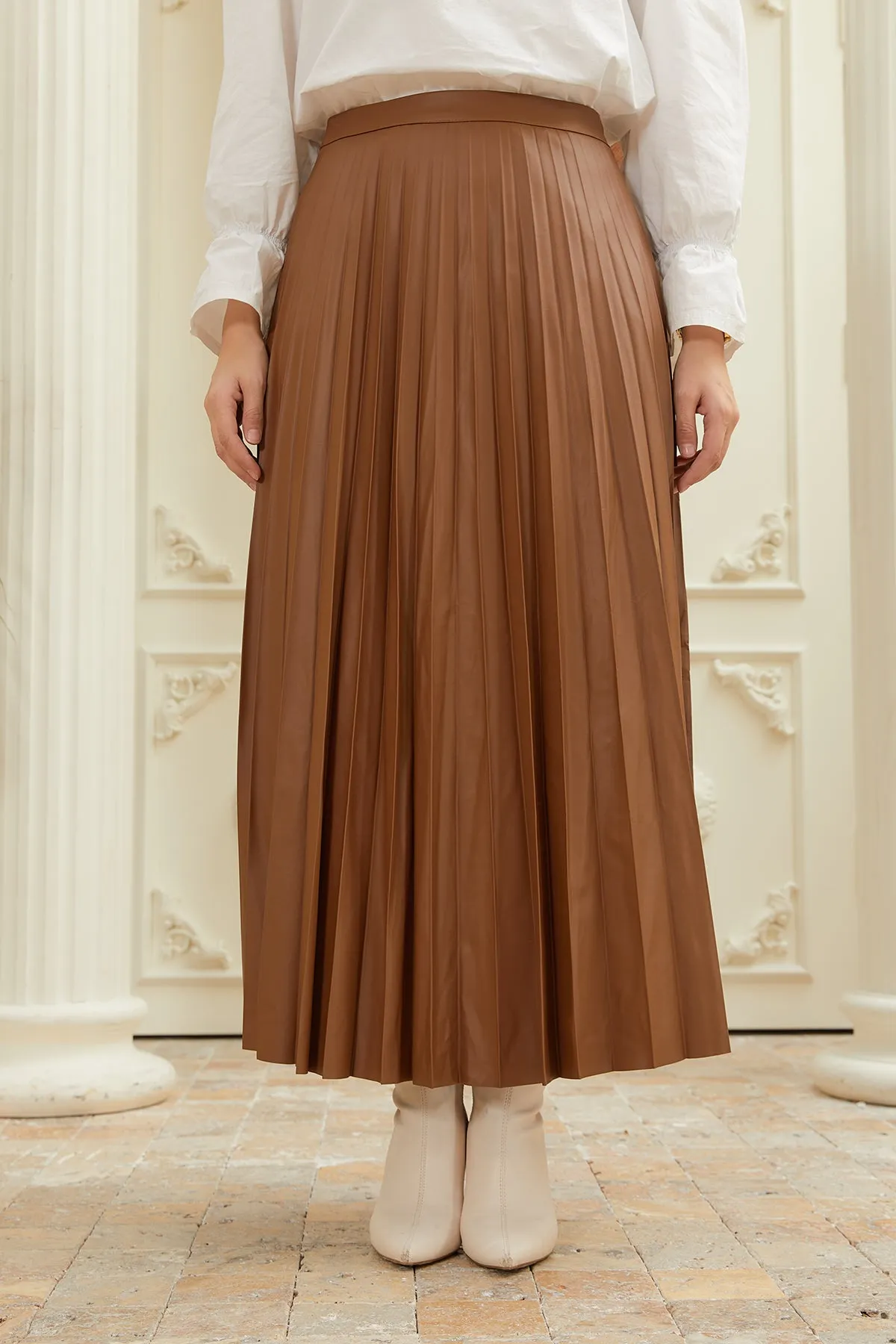 ZRF Women Pleated Leather Skirt - Brown - Brampton